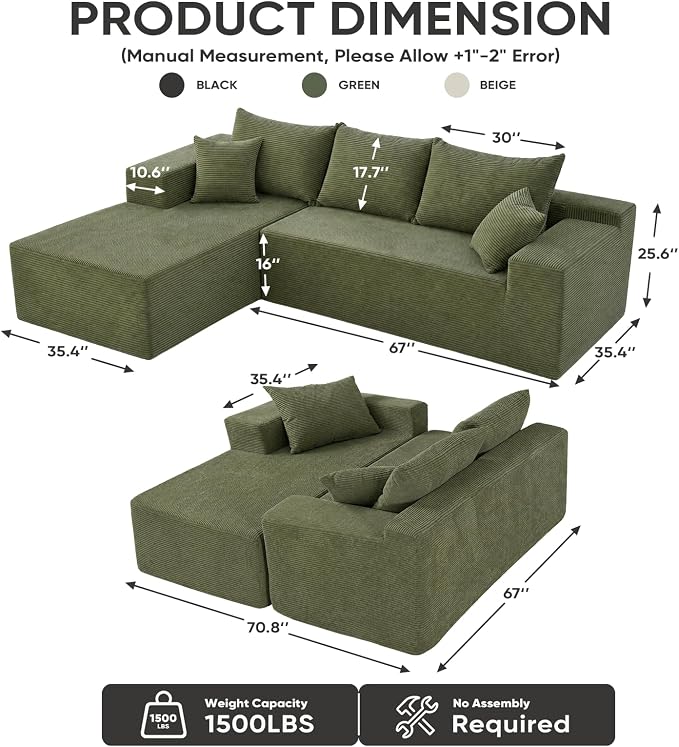 Boneless Couch, 102.4" Sectional Couches for Living Room with L Shape Sofa | Cloud Couch Sectional with Chaise, Modular Cloud Sofa with Deep Seat, No Assembly, Green, Corduroy, Left Chaise
