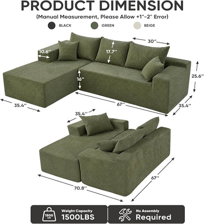 Boneless Couch, 102.4" Sectional Couches for Living Room with L Shape Sofa | Cloud Couch Sectional with Chaise, Modular Cloud Sofa with Deep Seat, No Assembly, Green, Corduroy, Left Chaise