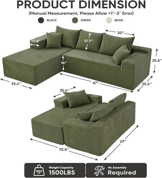 Boneless Couch, 102.4" Sectional Couches for Living Room with L Shape Sofa | Cloud Couch Sectional with Chaise, Modular Cloud Sofa with Deep Seat, No Assembly, Green, Corduroy, Left Chaise