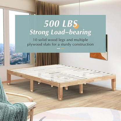 COSTWAY Queen Size Platform Bed Frame, 14 Inches Solid Rubber Wood Bed Mattress Foundation with Sturdy Slats Support, Easy Assembly Bed Frame for Home Hotel, No Box Spring Needed (Natural, Queen)
