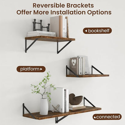 Axeman Deep Floating Shelves - 20 Inch Floating Shelves Set of 2-12 Inch Deep Brown Wood Wall Shelves for Living Room Bathroom Kitchen