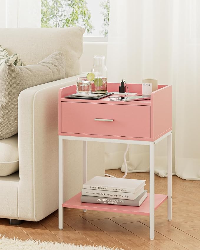 Masupu Nightstand with Charging Station,3-Tier Modern Bedside Night Stand with Storage Drawer and Shelf,Small End Side Table for Bedroom,Living Room,Pink and White