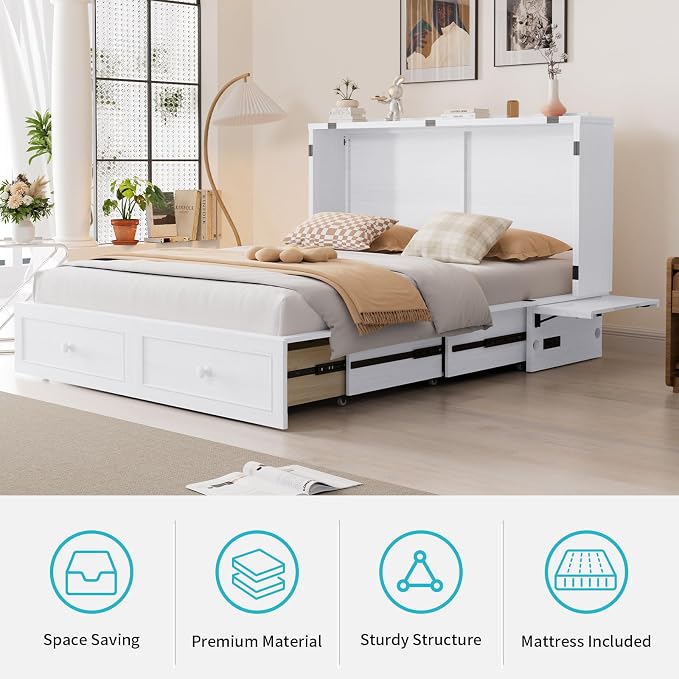 CECER White Murphy Bed Cabinet with Mattress, Space-Saving Folding Bed