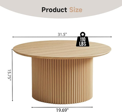 31.5" Round Coffee Table, Modern Fluted Accent Center Table with Metal Frame, Wooden Circle Coffee Tables for Living Room Small Space or Office (Natural)