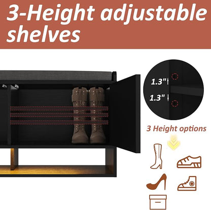 HOMEFORT 39.4" Fluted Shoe Storage Bench, Entryway Bench with Linen Seat Cushion, Shoe Cabinet Bench with Adjustable Shelf and Built-in LED Sensor Light, Bench for Bedroom End of Bed,Black