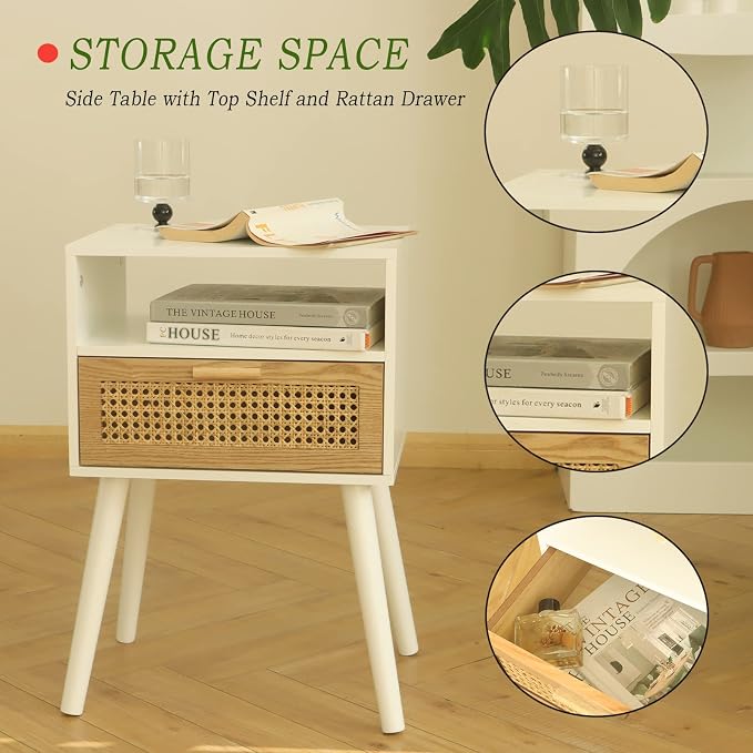 MaxSmeo Nightstand with Charging Station, Bedside Tables with Rattan Drawer, Mid Century Modern Nightstand, End Table for Living Room, Bedroom and Small Spaces, Easy Assembly (White)