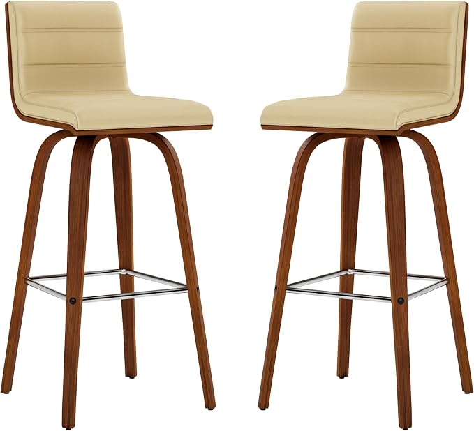 Vienna 30" Swivel Bar Stool in Walnut Wood Finish with Cream Faux Leather - Set of 3