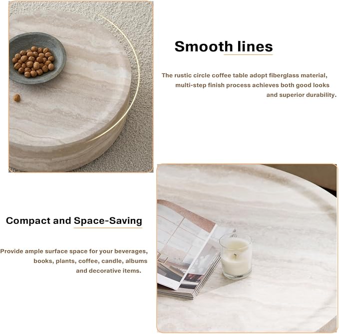 Faux Marble Coffee Table, Modern Round Coffee Table for Living Room, Circle Drum Coffee Side Tables, Fiberglass Center End Table for Small Place Apartment Office, 31.49" Marble