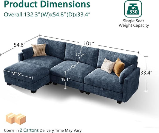 Modular Sectional L Shaped Sofa Couches for Living Room, Cloud Couch with Storage Ottoman, Comfy Chenille Sofa with Pillow, Blue