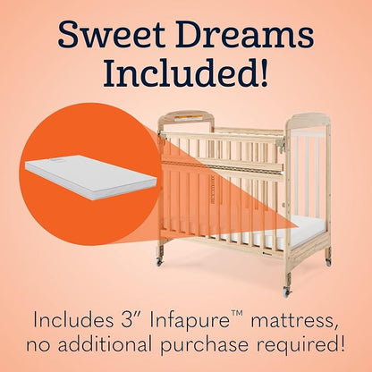 Foundations Serenity SafeReach Slatted Crib with Adjustable Mattress Board, Compact Wooden Baby Crib with Commercial Grade Casters, Includes 3” Foam Mattress (Natural)