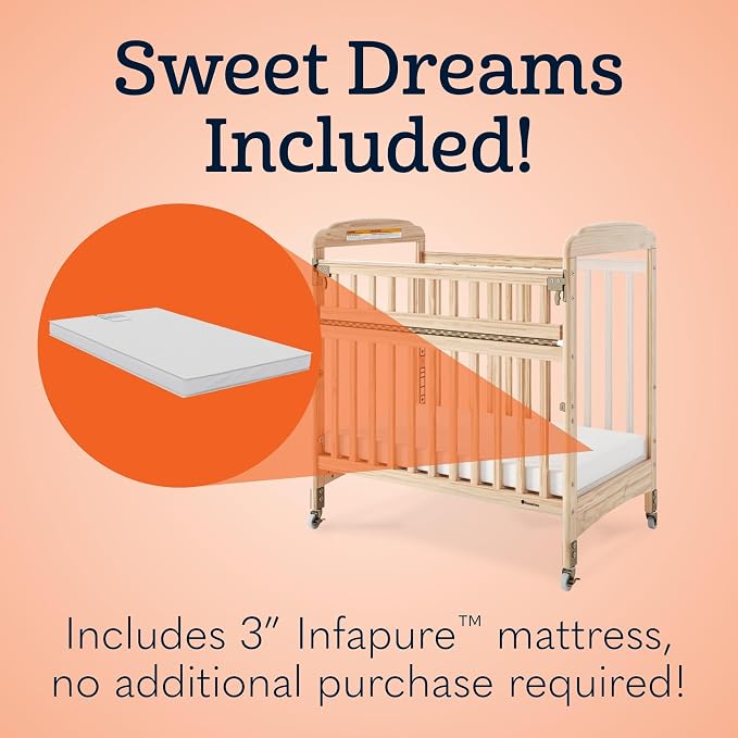 Foundations Serenity SafeReach Mirrorview Crib with Access Gate, Natural, Adjustable Mattress Board, Compact Wooden Baby Crib, Mirrored End Panels, Includes 3” Foam Mattress