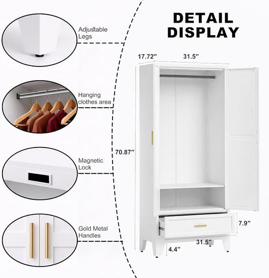 71" H White Closet,Armoire Wardrobe Closet,Metal Wardrobe Closet with Doors and Shelves,Large Wardrobe Closet for Bedroom