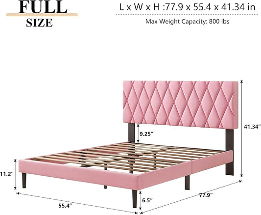 CXVX Full Size Bed Frame with Diamond Tufted Headboard, Velvet Upholstered Platform Bed and Wooden Slat Support, Noise-Free, No Box Spring Needed, Easy Assembly, Pink