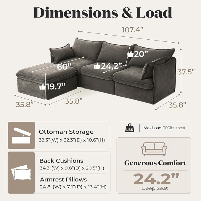 Cloud Modular Sectional Sofa, Oversized Deep Seat Comfort, Luxe Chenille | Fully Removable Washable Covers, Memory Foam Seat Cushions, Storage Ottoman, Premium Fabric