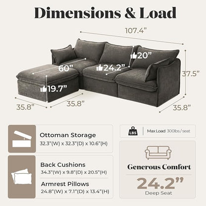Cloud Modular Sectional Sofa, Oversized Deep Seat Comfort, Luxe Chenille | Fully Removable Washable Covers, Memory Foam Seat Cushions, Storage Ottoman, Premium Fabric