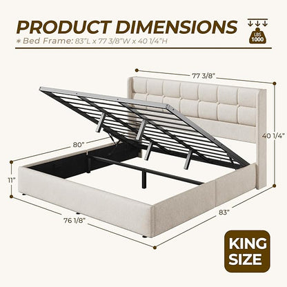 HISOFT King Size Lift Up Storage Bed Frame, Linen Upholstered Platform Bed with Wingback Headboard, Heavy Duty Hydraulic Gas Lift Underbed Space, Reinforced Full Metal Slats, Noise Free, Beige