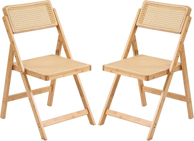 Tiita Rattan Dining Chairs Set of 2, Mid Century Modern Folding Chair, Bamboo Folding Dining Chairs for Small Space, Dining Room, Living Room, Bedroom, Wood