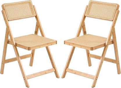 Tiita Rattan Dining Chairs Set of 2, Mid Century Modern Folding Chair, Bamboo Folding Dining Chairs for Small Space, Dining Room, Living Room, Bedroom, Wood