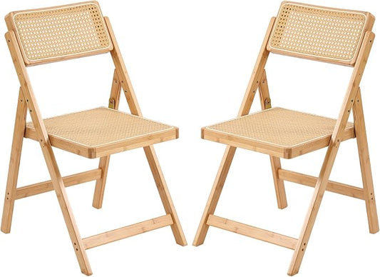 Tiita Rattan Dining Chairs Set of 2, Mid Century Modern Folding Chair, Bamboo Folding Dining Chairs for Small Space, Dining Room, Living Room, Bedroom, Wood