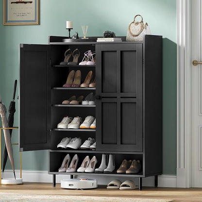 Shoe Storage Cabinet with 2 Doors, 6-Tier Shoe Cabinet with 3 Adjustable Shelves and Metal Legs, 45'' Tall Shoe Rack Organizer Cabinet for Entryway, Front Door, Black