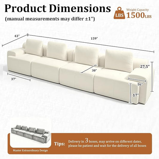 159" Oversized Boneless Couch, Comfort Cloud Sectional Couches for Living Room, Modular Sofa High Back & Extra Deep Seat, No Assembly, Soft Chenille Fabric (Warm White, 159 inch-（4+0）)