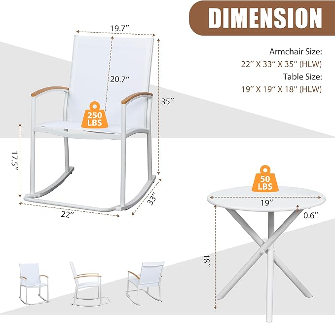 Shintenchi 3 Piece Outdoor Rocking Bistro Set, Textilene Fabric Small Patio Furniture Set, Front Porch Rocker Chairs Conversation Set with Table for Lawn, Garden, Balcony, Poolside (White)