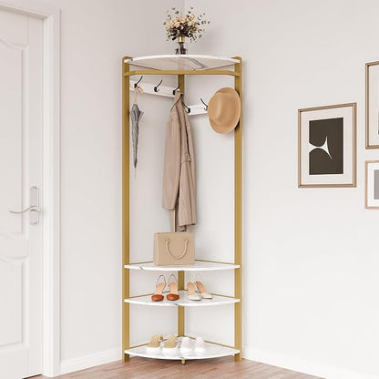 Coat Rack Freestanding with 6 Double Hooks, Shoe Bench & Storage Shelf - Freestanding Hall Tree Organizer for Entryway, Bedroom, Living Room, Space-Saving,Gold+Marble White
