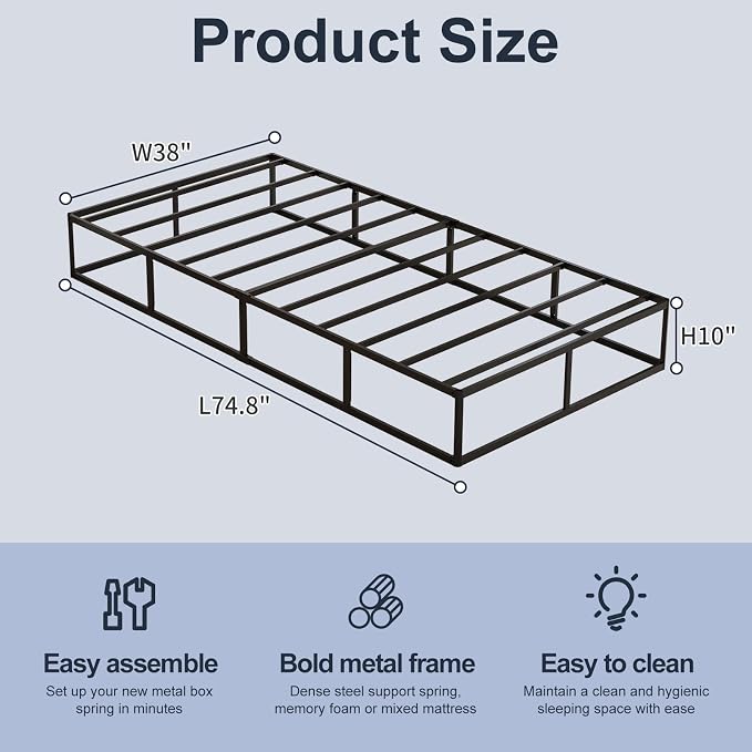 10 Inch High Profile Twin Box Spring, Heavy Duty Metal Frame Mattress Foundation with Fabric Cover, Easy Assembly, Noise-Free (10 Inch, Twin)