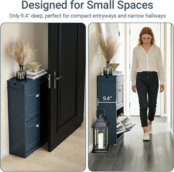 Haotian Slim Shoe Cabinet, Shoe Rack with Doors, Shoe Storage Cupboard Organizer Unit for Entryway 2 Flip-Drawers, Hallway and Bedroom Navy FSR78-B