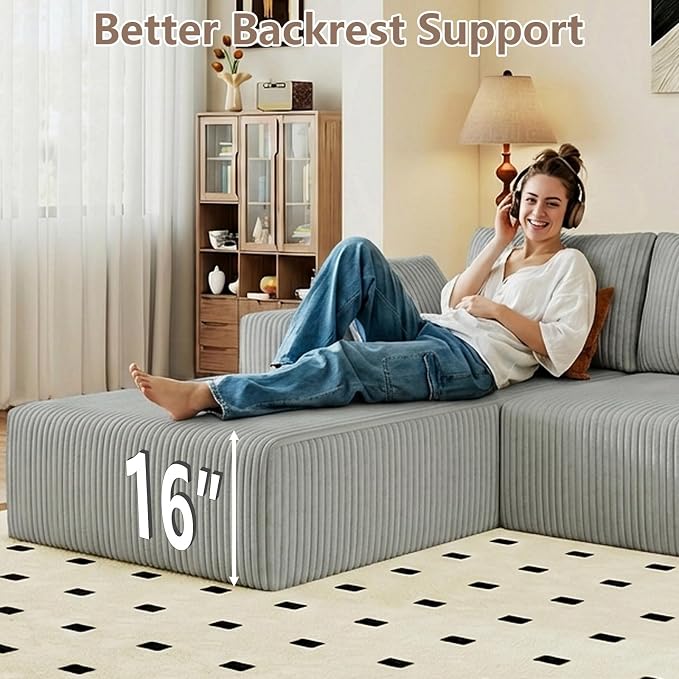 95" Cloud Sectional Couch with L-Shape Chaise, Modular Comfy Sofa Chaise Longue, Upholstered Corduroy Couches Sleeper with Deep Seat for Living Room, No Assembly Required(Light Grey, Left Facing)