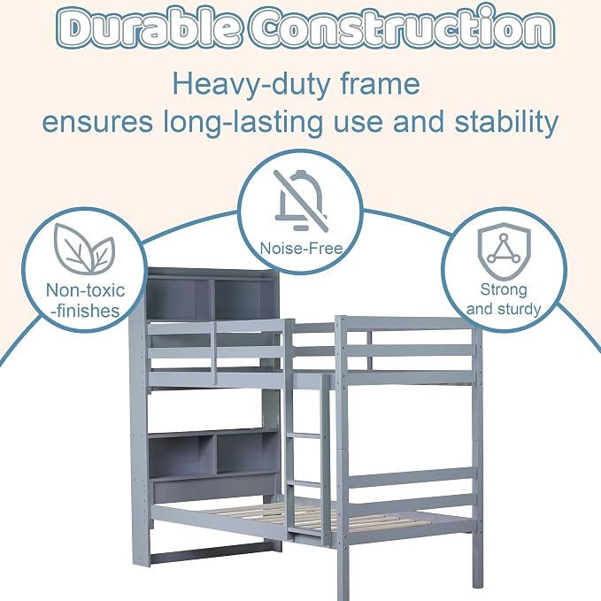 Twin Over Twin Bunk Bed with Storage Bookcase Headboard for Kids Boys Girls Teens, Rubber Wood Bunk Beds Frame with Storage Shelves, Can Be Separated into 2 Platform Beds, Gray