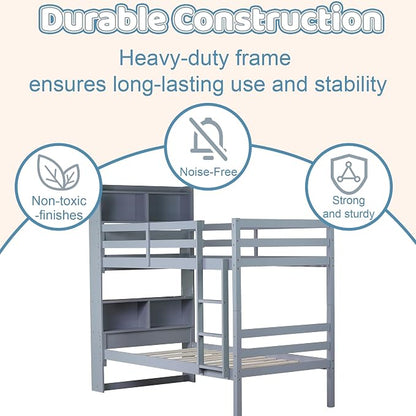 Twin Over Twin Bunk Bed with Storage Bookcase Headboard for Kids Boys Girls Teens, Rubber Wood Bunk Beds Frame with Storage Shelves, Can Be Separated into 2 Platform Beds, Gray