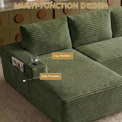 104" Cloud Sectional Couch L-Shaped with Side Pockets Cup Holders, Corduroy Boneless Couch for Living Room,Upholstered Deep-Seat Modular Sectional Sofa, No Assembly Required (Green,Left Facing Chaise)