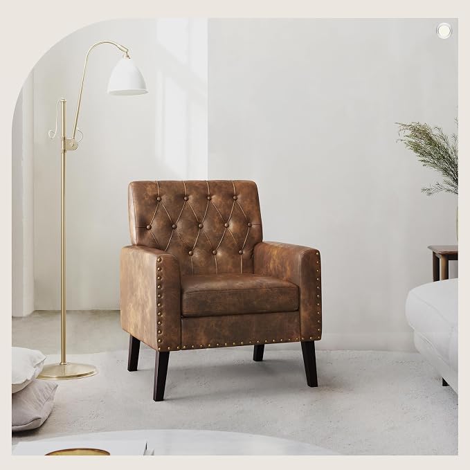 LUE BONA Yellowish Brown Faux Leather Accent Chairs Set of 2 18.5" H, Button Tufted Arm Chairs, Comfy Living Room Chair with Arms, Upholstered Modern Armchair for Living Room, Bedroom