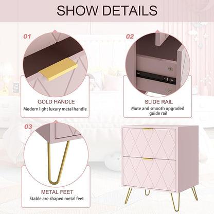 Anbuy Bedroom Sets 3 Pieces Pink Modern 9 Drawer Dresser and Nightstand Sets for Bedroom, Two Drawers Nightstand Set of 2 & 9 Drawer Dresser Combo 3 Pcs (Pink)