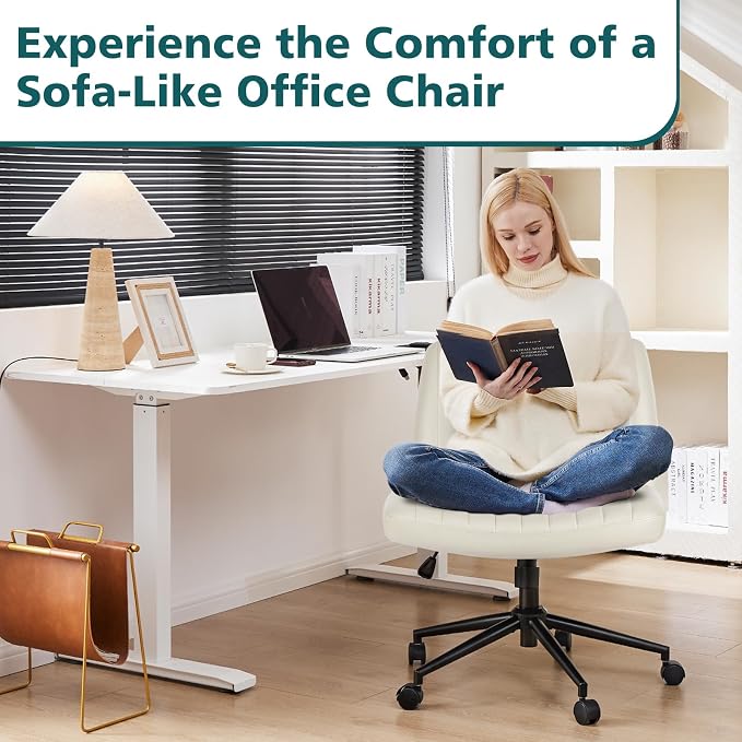 OLIXIS Criss Cross Chair with Wheels Wide Cross Legged Office Desk Vanity Chair Comfy Fabric Armless Adjustable Swivel for Home Computer Task PU Beige