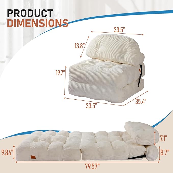 Folding Sofa Bed, Convertible Chair Bed with Back Support and Pillow Futon,Foldable Boneless Chair for Living Room/Guest Use/Home Office, Foldable Couch for Adults, Beige