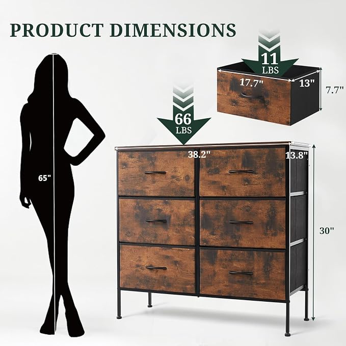 6-Drawer Dresser for Bedroom, Anti-Tip Wide Storage Organizer Chest of Drawers with Wooden Top and Metal Frame Fabric Bins for Closet, Living Room, Hallway, Entryway, Brown