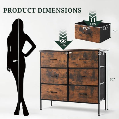 6-Drawer Dresser for Bedroom, Anti-Tip Wide Storage Organizer Chest of Drawers with Wooden Top and Metal Frame Fabric Bins for Closet, Living Room, Hallway, Entryway, Brown