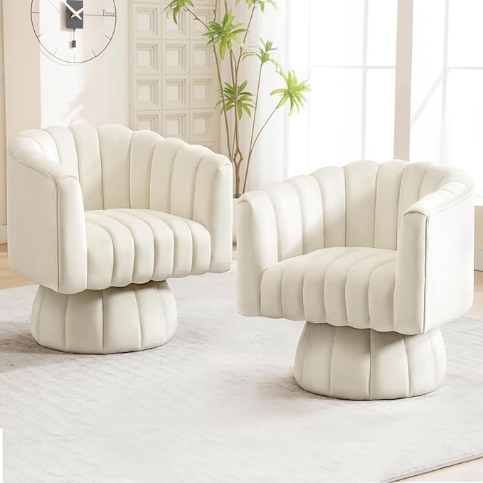 Swivel Accent Barrel Chair Set of 2- Cute Comfy Small Round 360° Arm Chair Velvet Sofa Club Reading Chair for Living Room Bedroom Office Beige