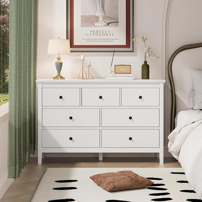 CARPETNAL White Dresser for Bedroom, 7 Drawer Dresser with Wide Drawers and Metal Handles, Wood Dressers & Chests of Drawers for Hallyway, Entryway