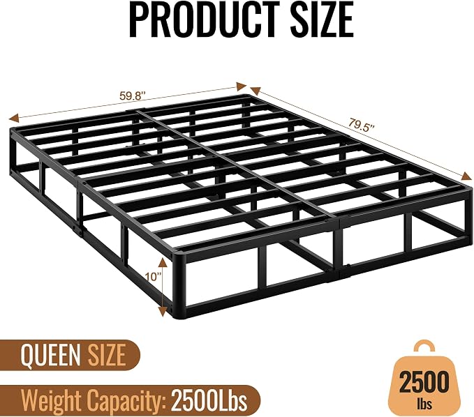Queen Size 10 Inch Box Spring - Heavy Duty Metal Mattress Foundation (2500lbs Capacity), Noise-Free, Easy Assembly with Removable Fabric Cover