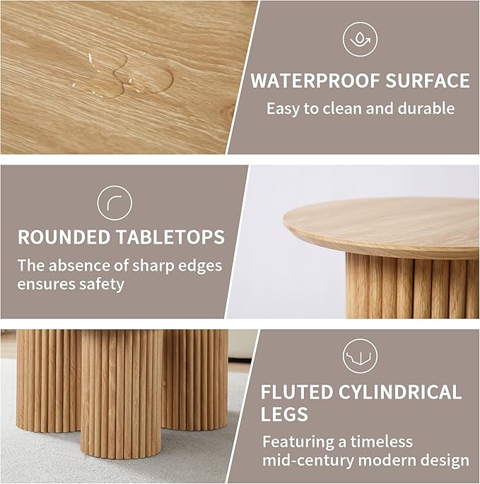 Bifins Round Nesting Coffee Table Set of 3,Mid Century Modern Fluted Coffee and End Table Set,Small Circle Wooden Side Table Drink Table for Living Room (Natural)