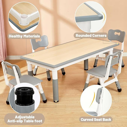 FUNLIO Kids Table and 4 Chairs Set for Ages 3-8, Height Adjustable Toddler Table and Chair Set, Easy to Wipe Arts & Crafts Table, for Classrooms/Daycares/Homes, CPC & CE Approved (5-Piece Set) - Gray