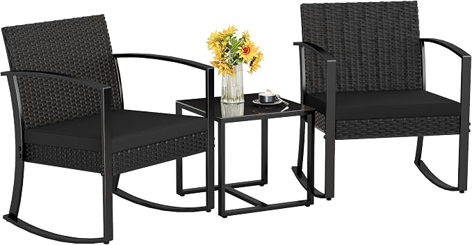 Black 3-Piece Resin Patio Bistro Set, Outdoor Rocking Chairs with Soft Cushions & Side Table, All Weather Furniture for Porch, Poolside, Balcony & Yard