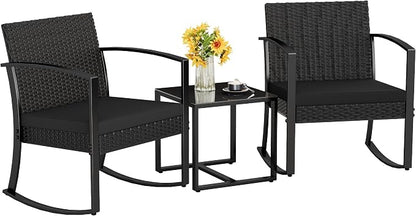 Homall Patio Furniture Set 3 Piece Resin Outdoor Bistro Set Rocking Patio Chairs with Cushions and Table for Porch, Poolside, Balcony and Yard (Black)