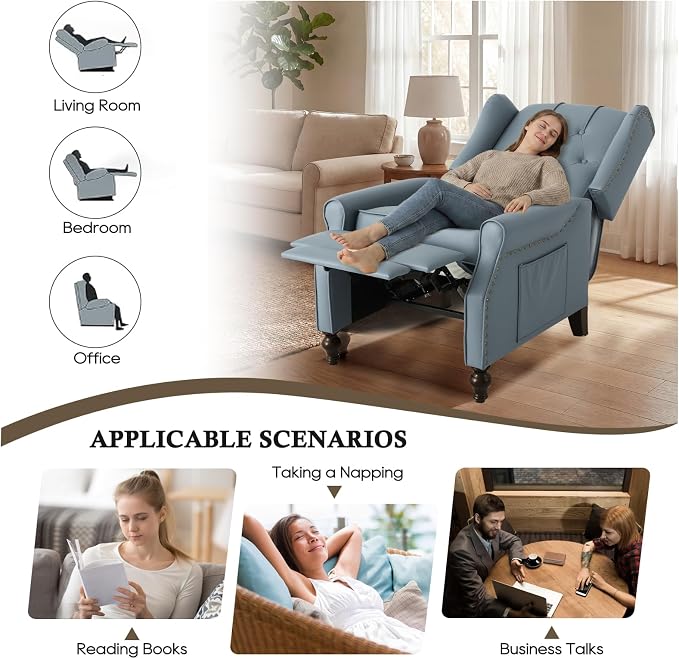 Wingback Recliner Chair with Massage & Heat, Cat-Proof Push Back Arm Chair, Recliner Chair for Living Room Bedroom Home Theater (1, Grayish-Blue)
