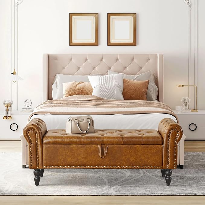 Furniliving Storage Ottoman Bench, Leather Benches End of Bed Bench with Solid Wood Legs Upholstered Ottoman Bench with Storage Indoor Bench for Living Room with Rolled Arm, Entryway, YellowBrown