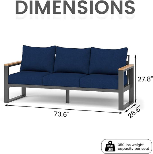 Sundale Outdoor Aluminum Patio Furniture, 3-seat All-Weather Outdoor Couch with 6" Olefin Cushion & Wide Armrest, Outside Sofa Seating for Garden Deck Porch (Navy Blue) | Heavy Duty
