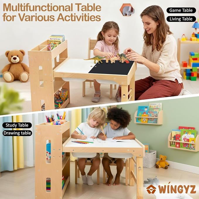 WINGYZ 6 in 1 Kids Art Table and Chairs, Sensory Table and 2 Chairs Height Adjustable, Graffiti Tabletop Toddler Activity Table with Storage Cabinet & Bins, Kids Art Desk with Paper Roll Ages 2-8 Gift